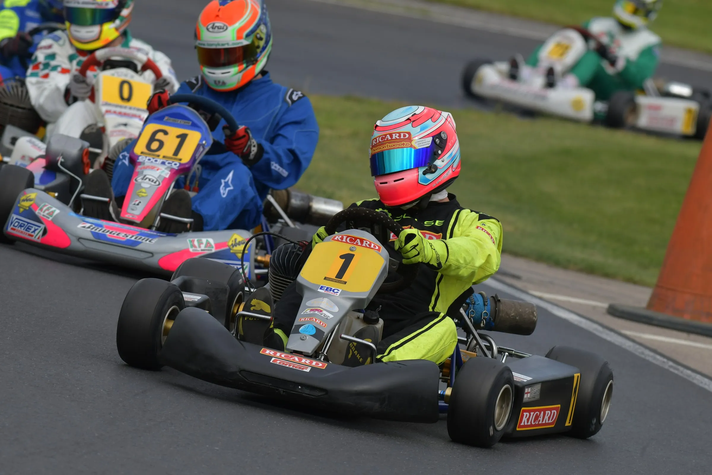 Glenn on the #1 plate leading a pack of karts at PFi