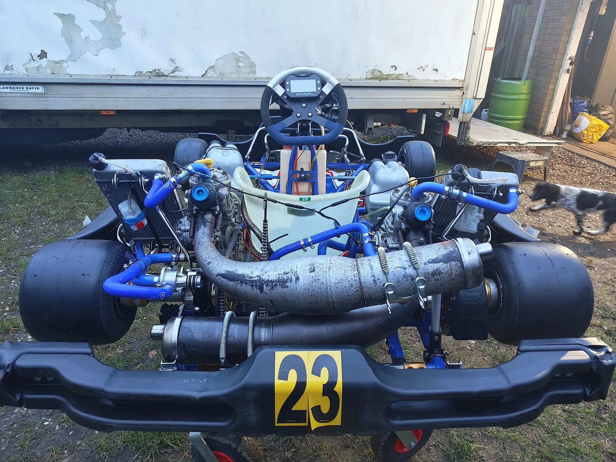 Rear view of the Twin-OK showing both TM engines and exhausts above the #23 bumper